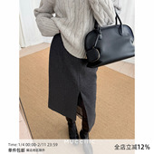 MUCCHIC 高智蕾丝拼接毛呢开叉直筒半身裙