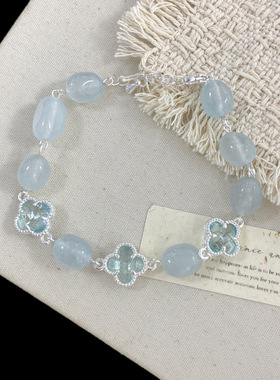 蓝色四叶花手链淡水珍珠天然水晶手串甜美网红小香风黄水晶手链