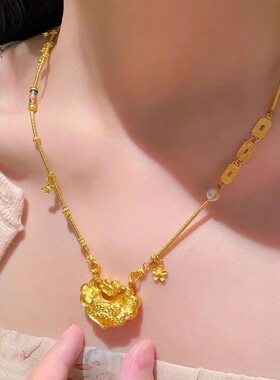 金店同款沙金锦鲤锁包双勾毛衣链如意鱼锁吊坠烧蓝百搭项链女送礼