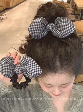 高级感格纹海绵蝴蝶结发圈头花扎头发头绳发绳丸子头皮筋发饰头饰