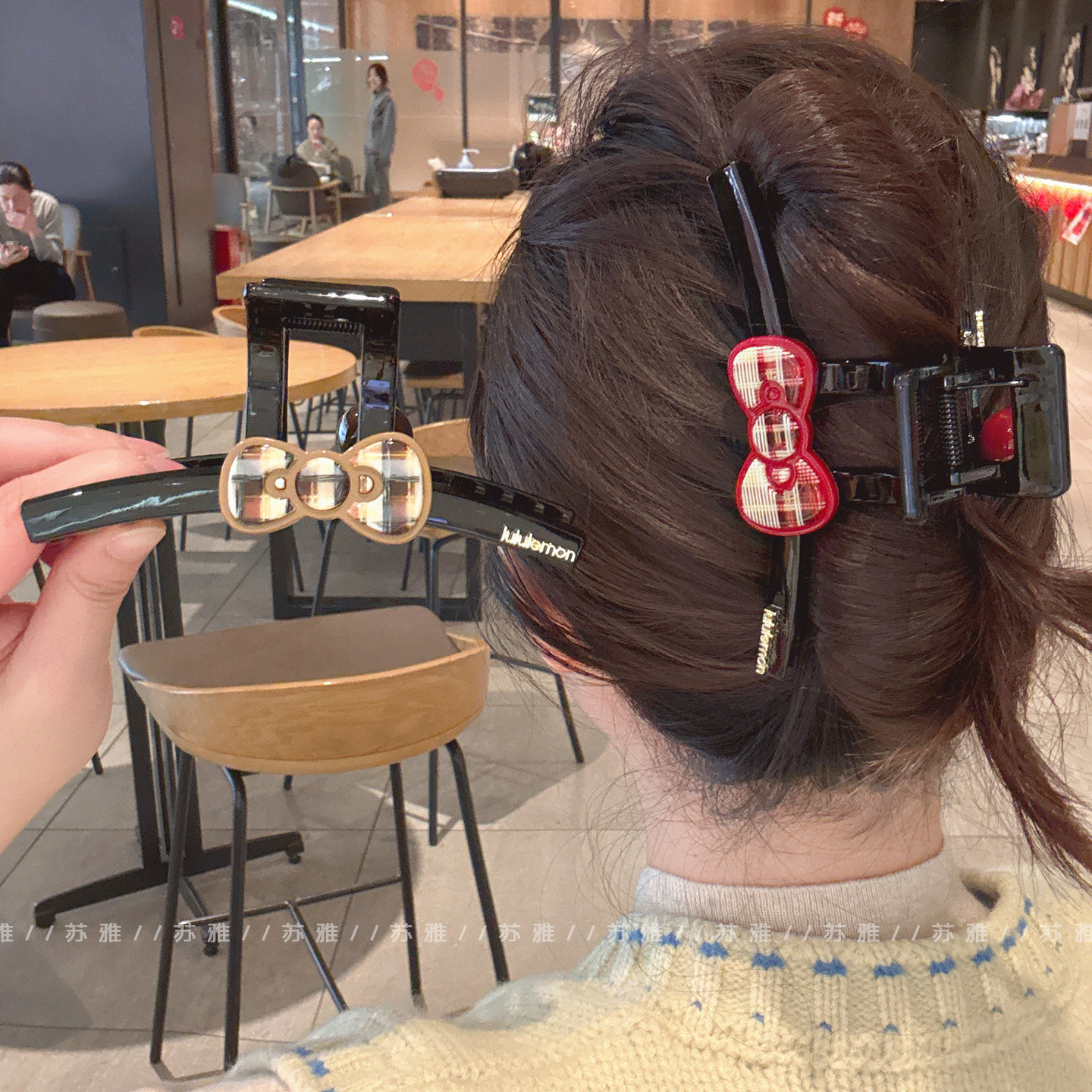 格纹蝴蝶结球球AB款盘发鲨鱼夹发量多抓夹女后脑勺头发夹子头饰