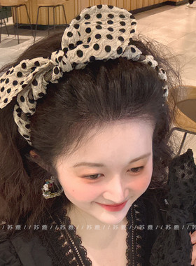 复古波点兔耳朵蝴蝶结发箍女2025新款带齿高颅顶头箍防滑发卡头饰