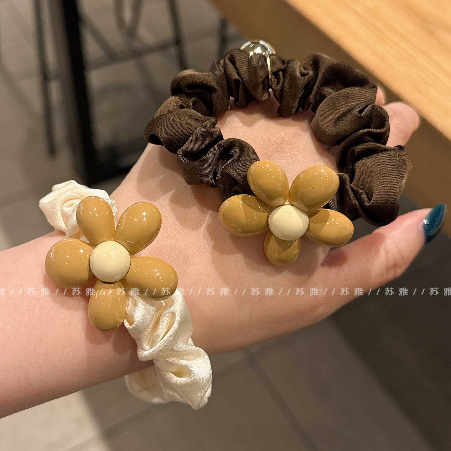 甜美气质花朵褶皱小肠发圈女扎头发绳高弹力耐用皮筋头绳不伤发