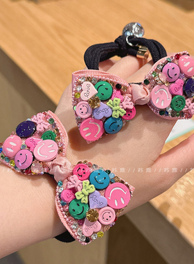 多巴胺彩钻笑脸蝴蝶结打结头绳发绳发圈女扎马尾高弹力耐用橡皮筋