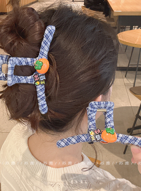 好柿发生蓝色格纹盘发鲨鱼夹发抓甜美ins新款大号抓夹女发夹头饰