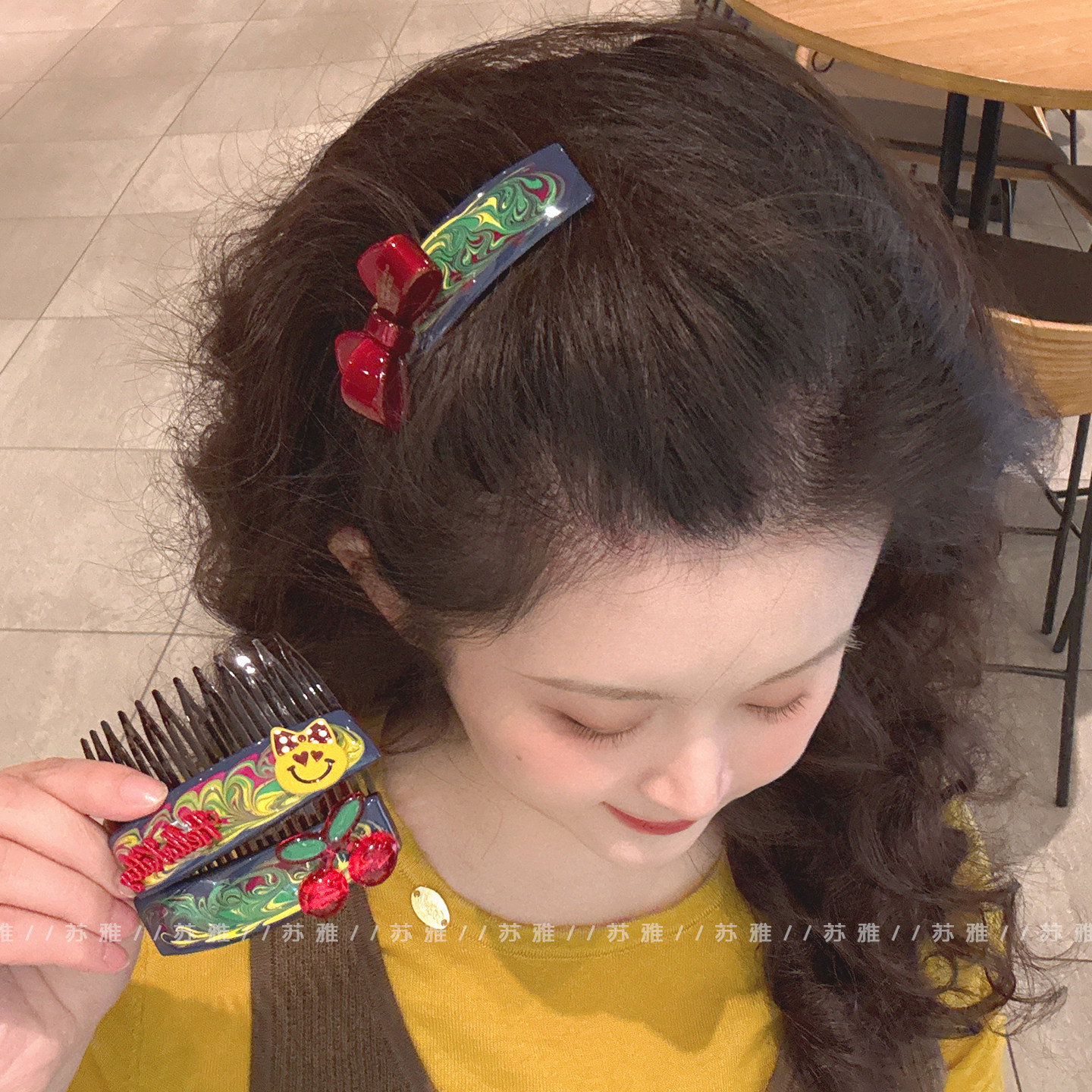 波点蝴蝶结笑脸晕染公主头发梳