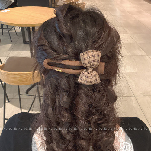 复古气质格纹蝴蝶结半扎发鸭嘴夹