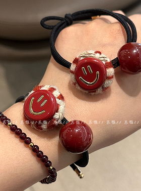 X年新款红色头绳小香风笑脸打结发绳扎头发橡皮筋发圈耐用皮套