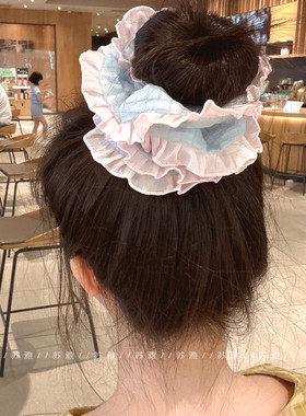 少女心刺绣花朵蓝色格纹双层大肠发圈发绳扎头发饰头绳耐用不伤发