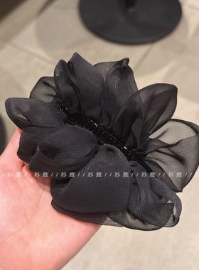 高级感网纱褶皱马尾盘发香蕉夹女抓夹黑色网纱丸子头后脑勺发夹