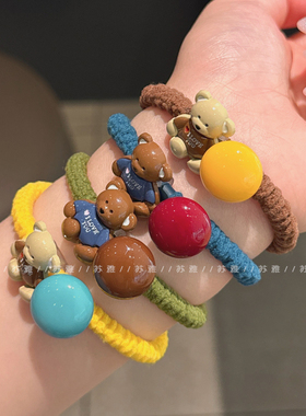 可爱萌趣小熊豆豆扎头发褶皱发绳彩色小肠发圈女高级感马尾头绳