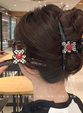 AB款红色爱心格子小熊珍珠鲨鱼夹加大号后脑勺抓夹女发量多发卡