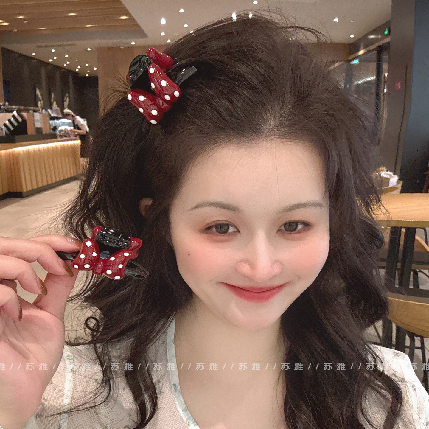 安可拉红波点蝴蝶结碎发小抓夹