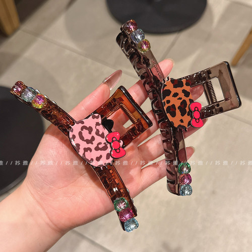 可爱萌趣豹纹KT猫彩钻盘发鲨鱼夹