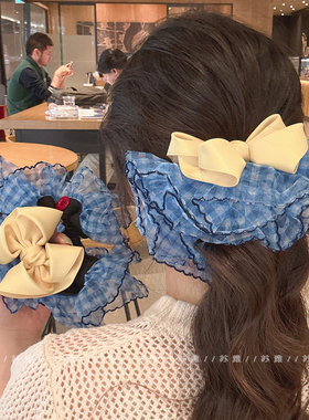 蓝色蕾丝网纱大肠发圈女蝴蝶结发绳丸子头扎头发绳网红发饰头花