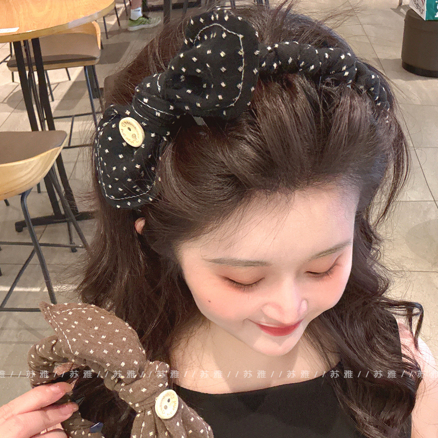 复古纽扣蝴蝶结带齿高颅顶发箍