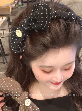 复古纽扣蝴蝶结布艺波浪发箍女带齿防滑高颅顶蓬松头箍发卡头饰