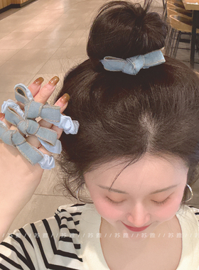 蓝色牛仔蝴蝶结发圈女2025新款扎马尾头发绳高弹力不伤发头绳发饰