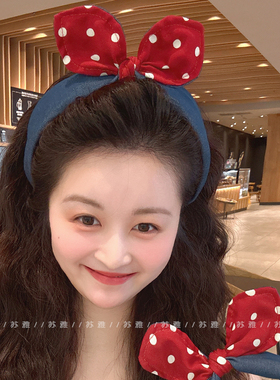红色波点蝴蝶结牛仔蓝宽边发箍女2025新款高颅顶洗脸头箍发卡头饰