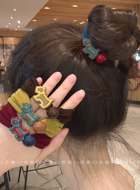 气质撞色小狗豆豆发绳女扎头发面膜发圈耐用高弹力扎马尾皮筋头饰