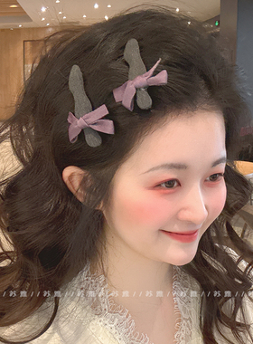 碎发刘海夹简约紫色蝴蝶结发夹女深灰色侧边小波浪发卡2025新款