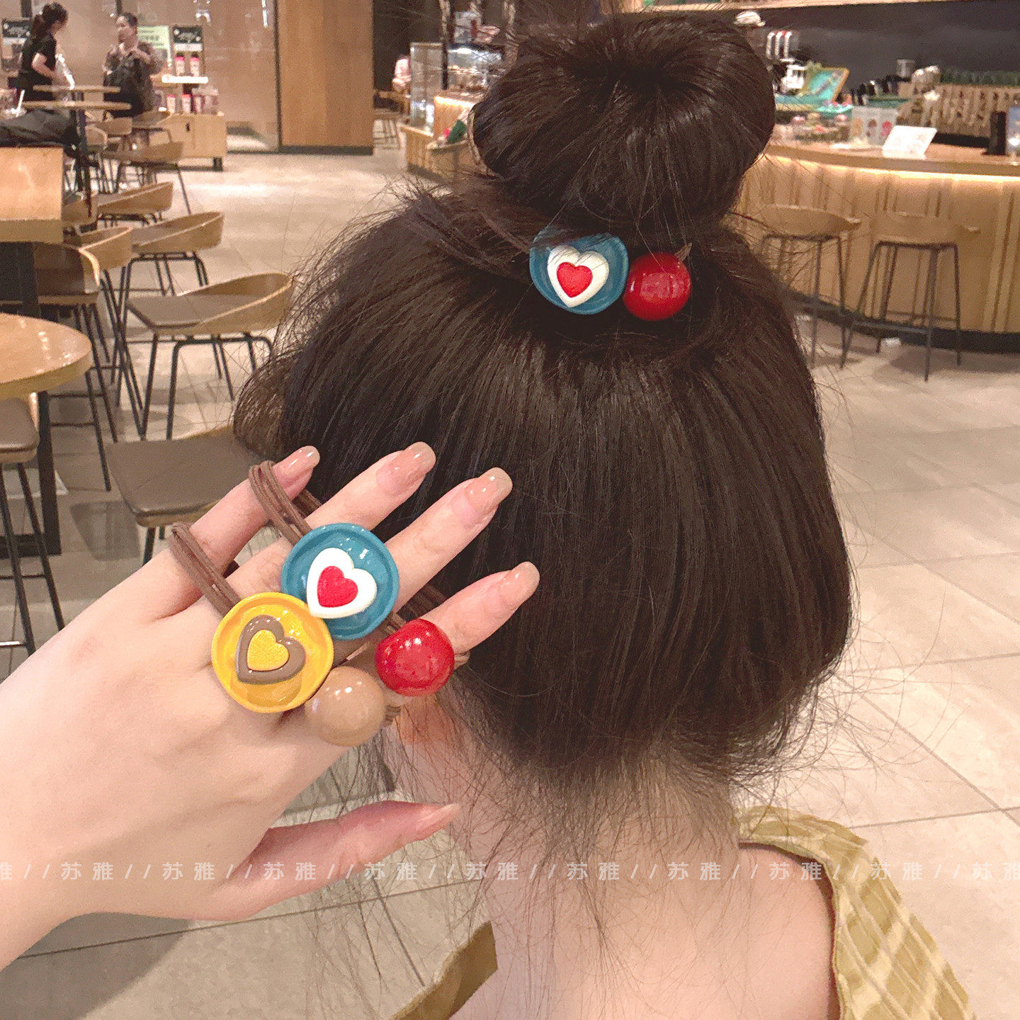 复古甜美撞色爱心球球打结发绳