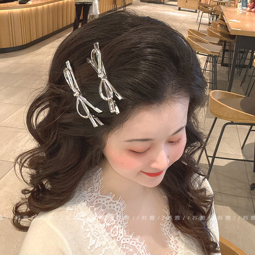 甜酷风银色蝴蝶结碎发刘海鸭嘴夹