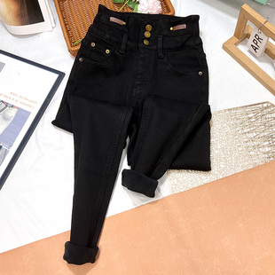 高腰显瘦小脚靴裤 女冬季 子 三排扣收腹加绒加厚牛仔裤 设计感洋气