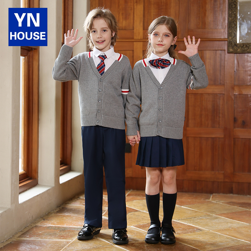 小学生春秋校服英伦风开衫针织班服幼儿园园服儿童毛衣套装演出服