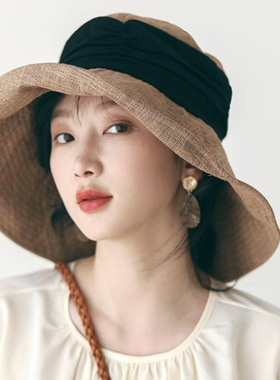 防紫外线亚麻透气大檐防晒帽子女春夏百搭渔夫帽子