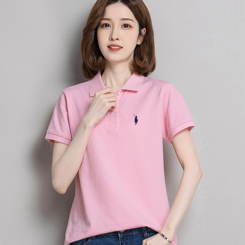 纯棉polo衫女士刺绣宽松翻领短袖t恤宽松有领上衣工作服定制夏季