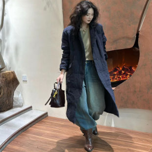 亚麻鹅绒服 2025秋冬新品长款文艺蓝白两色西装领羽绒长外套
