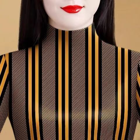 条纹半高领德绒打底衫女内搭秋冬季新款修身长袖加绒加厚保暖上衣