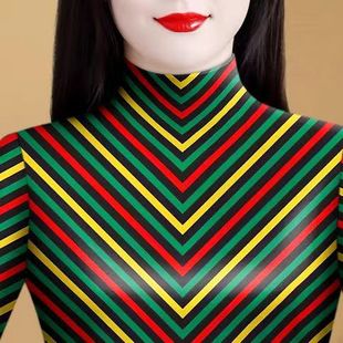 双面德绒半高领条纹打底衫女秋冬季修身显瘦内搭加绒加厚保暖上衣