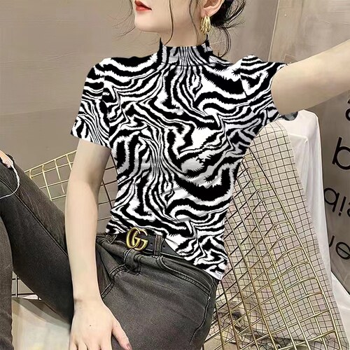 短袖中年妈妈印花冰丝t恤女