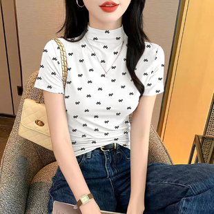 修身显瘦正肩半高领短袖t恤女士夏季内搭冰丝打底衫紧身白色上衣