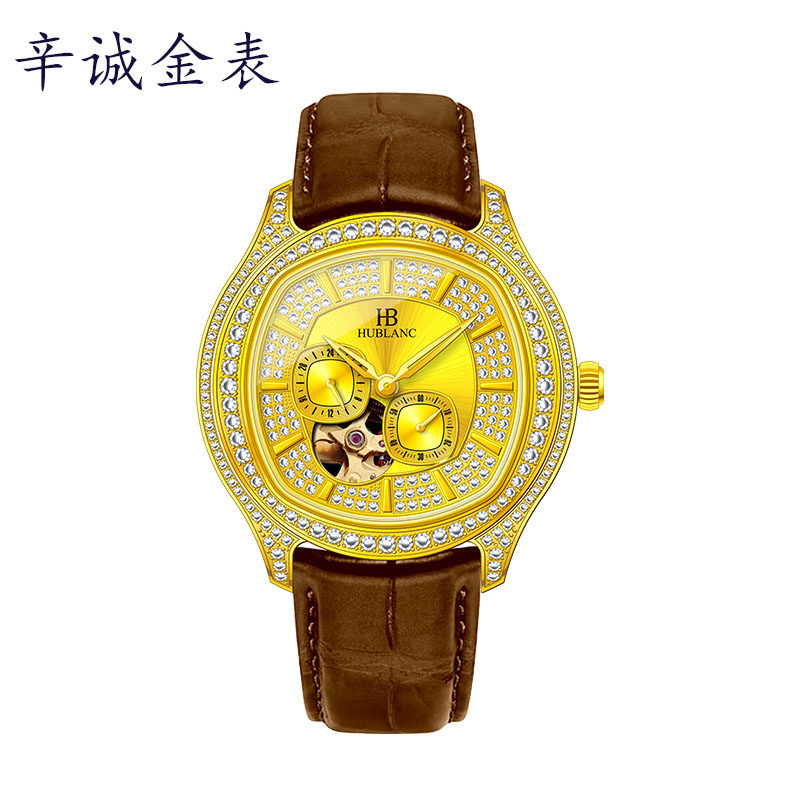 纯金999男士金表满镶表盘进口机械机芯足金999防水腕表纯黄金手表