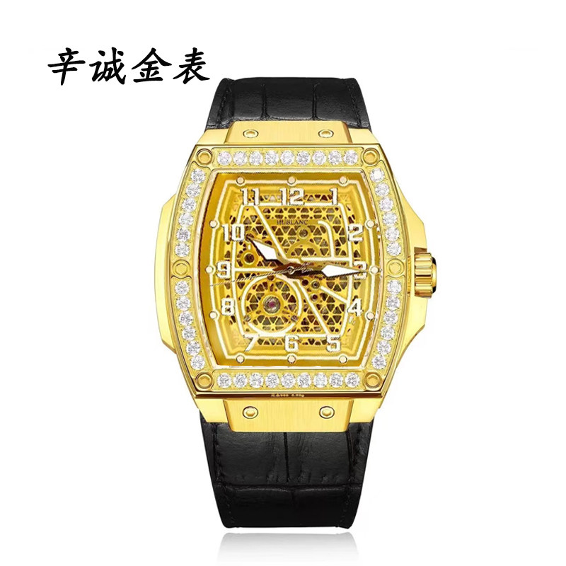 hb宇珀金表男纯金999足金表黄金手表进口机械机芯 酒桶型镂空防水