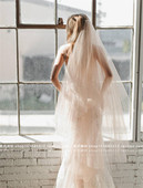 2024年新款 网红拍照头纱旅拍香槟色短款 双层新娘婚纱头饰裸纱头纱