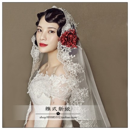 新款旅拍蕾丝头纱短款新娘结婚婚纱头纱韩式网红拍照写真软头纱