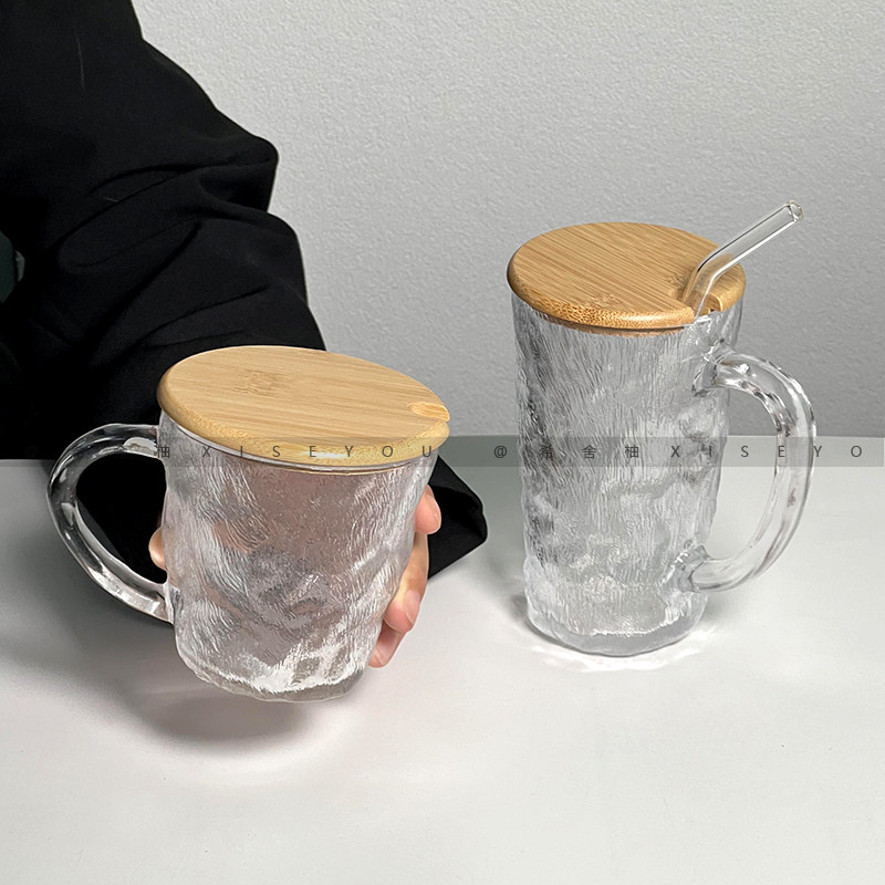 ins风带把手带盖带勺子 冰川纹玻璃杯高级感杯子女牛奶咖啡早餐杯