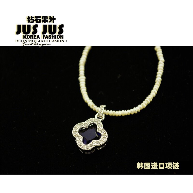 高档夏季韩国珍珠镶蓝水晶宝石项链四叶草带钻闪钻吊坠细锁骨链女