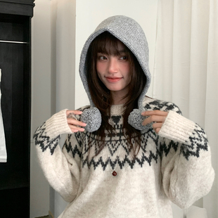 Deepsea深海 可爱双毛球大头围羊毛针织帽女冬季百搭保暖毛线冷帽