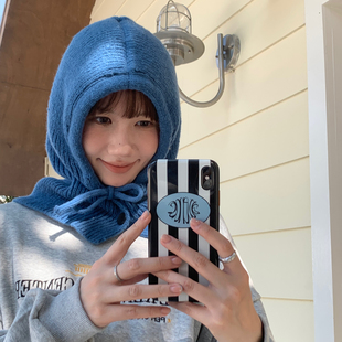 自在松驰 韩版针织帽巴拉克拉法帽子女冬骑车防寒帽子围巾一体