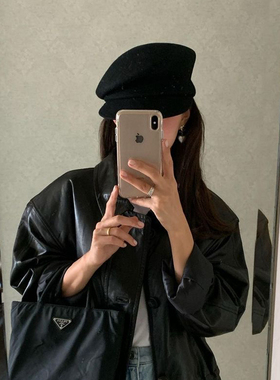 fever同款~黑色纯羊毛报童帽女显脸小帽子贝雷帽法式羊毡帽画家帽