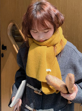 显白姜黄色围巾韩系女冬季纯色复古百搭情侣时尚护颈针织粉色围脖