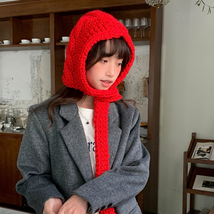 Deepsea深海 韩代款手工粗针织巴拉克拉法帽女冬季帽子围巾一体