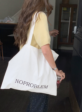 Deepsea深海 韩系白色字母帆布包女单肩包大容量百搭大布袋