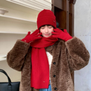 圣诞新年礼物 女冬韩系氛围感 100羊毛红色冷帽针织帽子围巾手套装