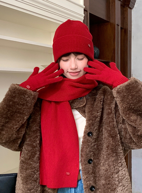 圣诞新年礼物~100羊毛红色冷帽针织帽子围巾手套装女冬韩系氛围感